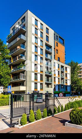 Warsaw, Poland - June 26, 2022: Cascade Residence modernistic residential building at Modzelewskiego street in Mokotow district of Warsaw Stock Photo