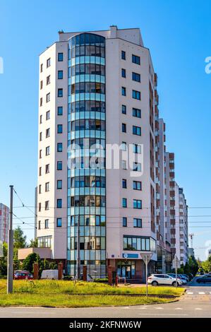 Warsaw, Poland - June 26, 2022: Large scale modernistic residential building with office and services functions at Woronicza and Modzelewskiego street Stock Photo