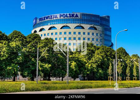 Warsaw, Poland - June 26, 2022: Polish state Public Television headquarter complex at Woronicza street in Mokotow district of Warsaw Stock Photo