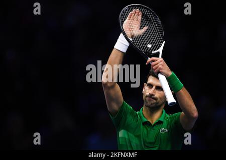 Turin, Italy. 19 November 2022. Novak Djokovic of Serbia gestures at the end of his semi-final match against Taylor Fritz of USA during day seven of the Nitto ATP Finals. Novak Djokovic won the match 7-6(5), 7-6(6). Credit: Nicolò Campo/Alamy Live News Stock Photo