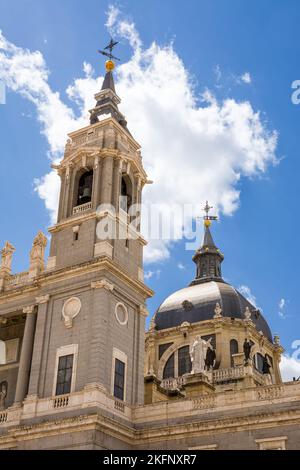 Bell tower and dome of the cathedral Santa Maria la Real de la Almudena in Madrid Stock Photo