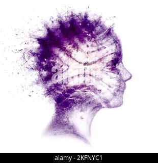 Face seen from the side. Brain problems. Degenerative disease. Bipolar disorder, illness, concept, double personality, schizophrenia. Thoughts Stock Photo