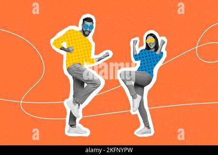 Composite collage picture image of funny funky couple friends dance have fun celebrate holiday party disco victory bizarre unusual fantasy Stock Photo