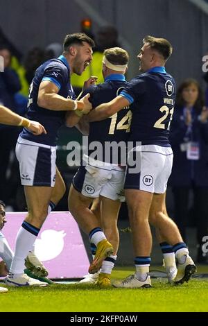 Scotland's Darcy Graham (centre) celebrates after scoring his sides ...