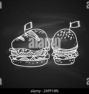 Sketch Illustration of Big Hamburger or Cheeseburger with Flag. Hand Drawn Icon on Blackboard Stock Vector