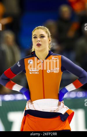 HERENVEEN - Netherlands, 19/11/2022, HERENVEEN - Jutta Leerdam (NED) reacts after 1500 meters during the second ISU long track world cup tournament in Thialf. ANP VINCENT JANNINK Stock Photo