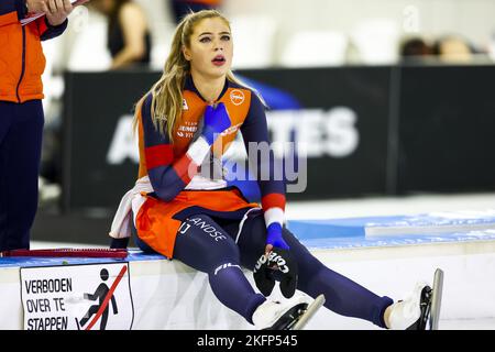 HERENVEEN - Netherlands, 19/11/2022, HERENVEEN - Jutta Leerdam (NED) reacts after the 1500 meters during the second ISU long track world cup tournament in Thialf. ANP VINCENT JANNINK Stock Photo