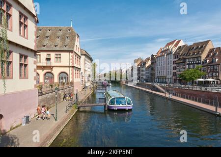 Old town of Strasbourg in France with a landing stage for excursion boats on the river Ill Stock Photo