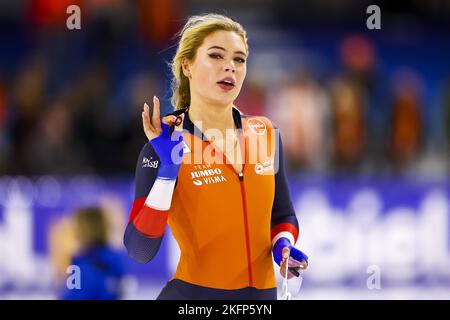 HERENVEEN - Netherlands, 19/11/2022, HERENVEEN - Jutta Leerdam (NED) reacts after the 1500 meters during the second ISU long track world cup tournament in Thialf. ANP VINCENT JANNINK Stock Photo