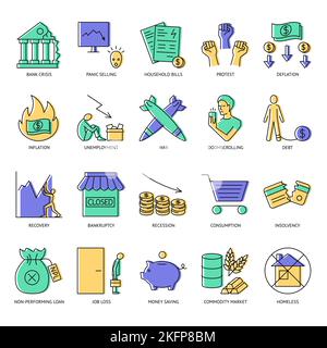 Economic crisis icon set in colored line style. Financial system problems, recession and deflation. Vector illustration. Stock Vector