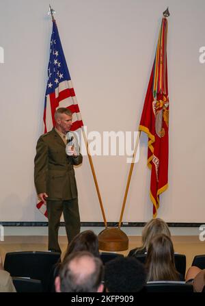 U.S. Marine Corps Gen. Eric M. Smith, Assistant Commandant of the Marine Corps, speaks at the retirement ceremony of retired Col. Kevin Herrmann, former director of the Total Force Structure Division, at the General Raymond G. Davis Center on Marine Corps Base Quantico, Virginia, Sept. 30, 2022. Herrmann is retiring after 43 years of honorable combined service to the Marine Corps. (US Marine Corps photo by Lance Cpl. Kayla LeClaire) Stock Photo