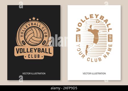 Set of volleyball club flyer, brochure, banner, poster. Vector. For sport club emblem, sign, logo. Vintage monochrome label, sticker, patch with Stock Vector