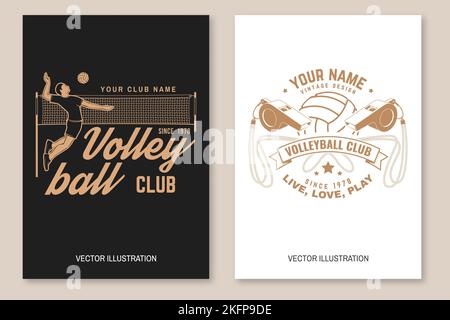 Set of volleyball club flyer, brochure, banner, poster. Vector. For sport club emblem, sign, logo. Vintage monochrome label, sticker, patch with Stock Vector
