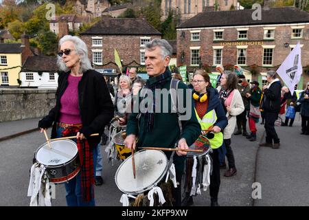 Climate change environmental groups from around Shropshire joined the Global Justice Coalition day of action 'Call the Alarm' in Ironbridge. Coalbrook Stock Photo