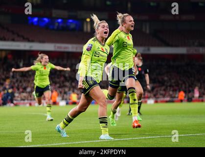 Manchester United's Alessia Russo (centre) celebrates scoring their side's third goal of the game during the Barclay Women's Super League match at the Emirates Stadium, London. Picture date: Saturday November 19, 2022. Stock Photo