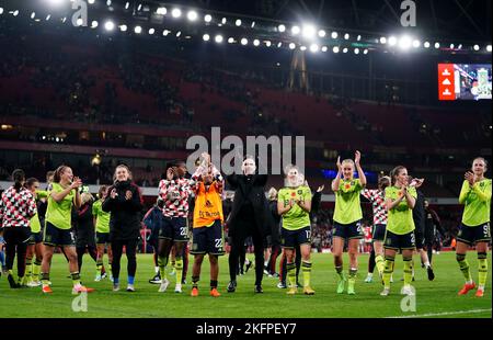 Manchester United manager Marc Skinner celebrates with eh player after the Barclay Women's Super League match at the Emirates Stadium, London. Picture date: Saturday November 19, 2022. Stock Photo