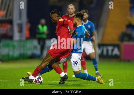 Kyle Wootton (19)of Stockport County tackles Shadrach Ogie (4)of Leyton Orient during the Sky Bet League 2 match between Stockport County and Leyton Orient at the Edgeley Park Stadium, Stockport on Saturday 19th November 2022. (Credit: Mike Morese | MI News) Credit: MI News & Sport /Alamy Live News Stock Photo