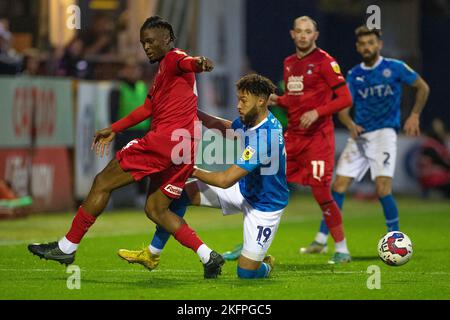 Kyle Wootton (19)of Stockport County tackles Shadrach Ogie (4)of Leyton Orient during the Sky Bet League 2 match between Stockport County and Leyton Orient at the Edgeley Park Stadium, Stockport on Saturday 19th November 2022. (Credit: Mike Morese | MI News) Credit: MI News & Sport /Alamy Live News Stock Photo