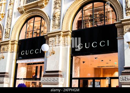 Milan, Italy, 20 December 2018: Gucci store window and logo, Milan Galleria Vittorio Emanuele II Stock Photo