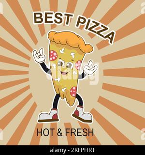 Funny character, delicious cartoon pizza in retro style. Stock Vector