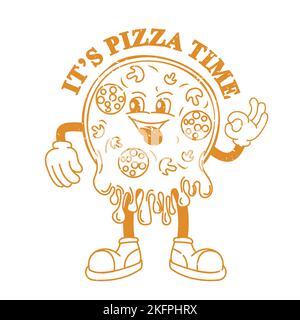 Funny character, delicious cartoon pizza time in retro style. Stock Vector