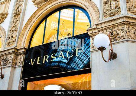 Milan, Italy, 20 December 2018: Shop windows of the Versace luxury boutique store in Milan. Versace is an Italian fashion company and trade name found Stock Photo