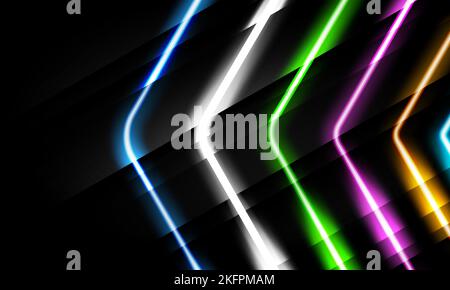 Neon multicolor arrows on black background. Glowing geometric arrows shapes with shining effects. Multicolored neon lines. Vector illustration Stock Vector