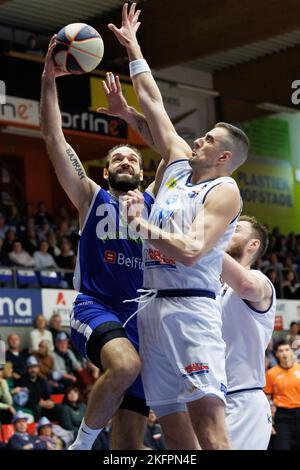 Aalst, Belgium, 19 November 2022, Mons' Alexandre Gavrilovic and Aalst's Ivan Maras fight for the ball during a basketball match between Okapi Aalst and Mons-Hainaut, Saturday 19 November 2022 in Aalst, on day 7 of the National Round Belgium in the 'BNXT League' Belgian first division basket championship. BELGA PHOTO KURT DESPLENTER Stock Photo