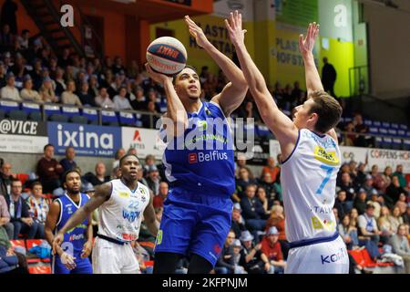 Aalst, Belgium, 19 November 2022, Mons' Igor Mintogo and Aalst's Stef Schauvlieger fight for the ball during a basketball match between Okapi Aalst and Mons-Hainaut, Saturday 19 November 2022 in Aalst, on day 7 of the National Round Belgium in the 'BNXT League' Belgian first division basket championship. BELGA PHOTO KURT DESPLENTER Stock Photo