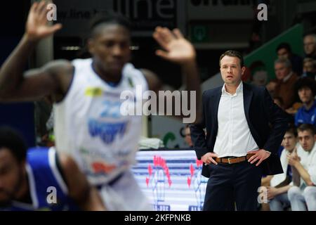 Aalst, Belgium, 19 November 2022, Aalst's head coach Thomas Crab pictured during a basketball match between Okapi Aalst and Mons-Hainaut, Saturday 19 November 2022 in Aalst, on day 7 of the National Round Belgium in the 'BNXT League' Belgian first division basket championship. BELGA PHOTO KURT DESPLENTER Stock Photo