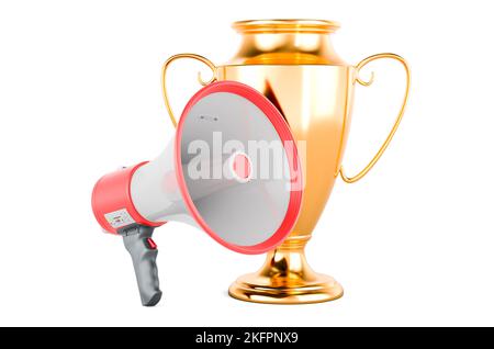 Gold trophy cup award with megaphone. 3D rendering isolated on white background Stock Photo