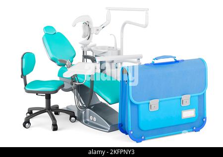 Schoolbag with dental chair, 3D rendering isolated on white background Stock Photo