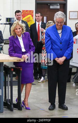NOVEMBER 14 - CHICAGO, IL: First Lady Dr. Jill Biden and Cook County Board President Toni Preckwinkle visit Rolling Meadows High School for an educational roundtable with students and teachers on November 14, 2022 in Rolling Meadows, Illinois.  (Photo: Cruz Gutierrez/The Photo Access)