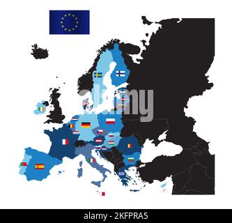 European Union map with flags of member countries without the United Kingdom. Map of European Union after Brexit Stock Vector