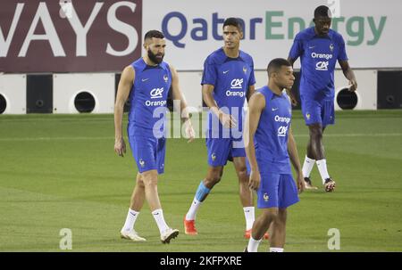 Doha, Qatar - November 19, 2022, Karim Benzema, Raphael Varane, Kylian Mbappe of France during Team France practice ahead of the FIFA World Cup 2022 on November 19, 2022 in Doha, Qatar - Photo: Jean Catuffe/DPPI/LiveMedia Stock Photo