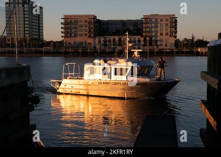 SAVANNAH, Ga. – Operations personnel from the U.S. Army Corps of Engineers, Savannah District, launched two hydrographic survey vessels from the Engineer’s Depot on Hutchinson Island into the Savannah Harbor, Georgia on Oct. 1, 2022. At the request of the U.S. Coast Guard, the vessels were deployed to Brunswick Harbor to survey the entrance channel in response to Hurricane Ian. The survey teams will collect information that will be used by the Coast Guard and Brunswick harbor pilots to ensure safe passage and navigation. USACE photo by Mel Orr. Stock Photo