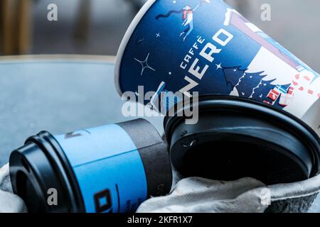 Epsom, Surrey, London UK, November 19 2022, Cafe Nero Coffee Shop Used Empty Paper Cups On A Table Top With No People Stock Photo