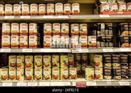 Epsom, Surrey, London UK, November 19 2022, Tins Of Baxters Soups On Shelves In A Waitrose Supermarket With No People Stock Photo