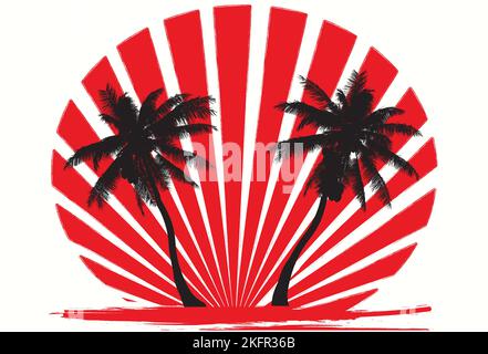two black coconut trees with red rays in the background and a white background Stock Vector