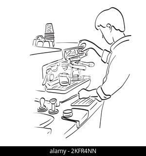 male barista making a cup of coffee using espresso machine illustration vector hand drawn isolated on white background line art. Stock Vector