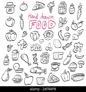 food icon set illustration vector hand drawn isolated on white background line art. Stock Vector