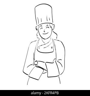 happy smiling female chef with crossed arms illustration vector hand drawn isolated on white background line art. Stock Vector