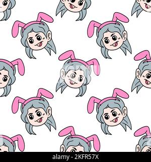 A digital illustration of a seamless pattern of cute girl faces with gray hair and pink rabbit ears Stock Vector