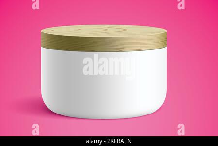 Cosmetics white container covered with a wooden lid. Realistic vector mockup of the small size round ceramic or plastic jar, for perfume branding, standing on a pink background. Stock Vector