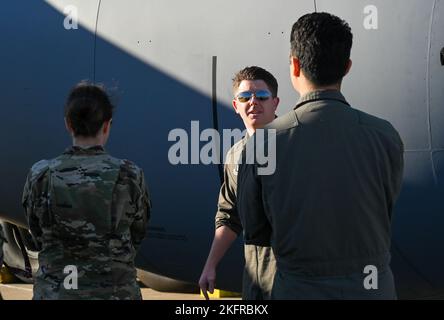 Members of the Tinker Company Grade Officer Council visit the 507th Air Refueling Wing to learn about the Air Force Reserve, the KC-135 Stratotanker and wing's aerial refueling mission October 4, 2022, Tinker Air Force Base, Oklahoma. Stock Photo