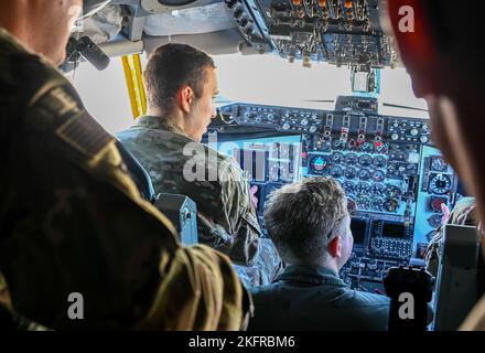 Members of the Tinker Company Grade Officer Council visit the 507th Air Refueling Wing to learn about the Air Force Reserve, the KC-135 Stratotanker and wing's aerial refueling mission October 4, 2022, Tinker Air Force Base, Oklahoma. Stock Photo