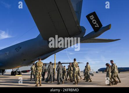 Members of the Tinker Company Grade Officer Council visit the 507th Air Refueling Wing to learn about the Air Force Reserve, the KC-135 Stratotanker and wing's aerial refueling mission October 4, 2022, Tinker Air Force Base, Oklahoma. Stock Photo