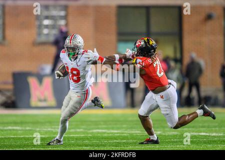 November 19, 2022: Ohio State Buckeyes wide receiver Marvin Harrison Jr. (18) escapes a tackle during the NCAA football game between the Maryland Terrapins and the Ohio State Buckeyes at SECU Stadium in College Park, MD. Reggie Hildred/CSM Stock Photo