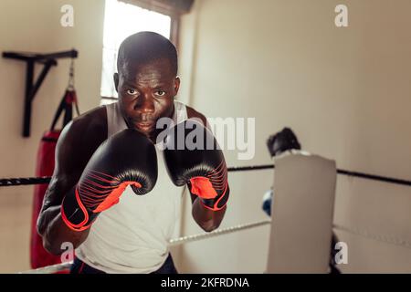 Focused young boxer looking at the camera while standing in fighting position with boxing gloves. Sporty young man training in a boxing gym. Stock Photo