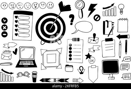 Big vector set financial icons. Business and laptop, face emotion, finance and charts, infographics, signs, goal, communication and success. Isolated Stock Vector